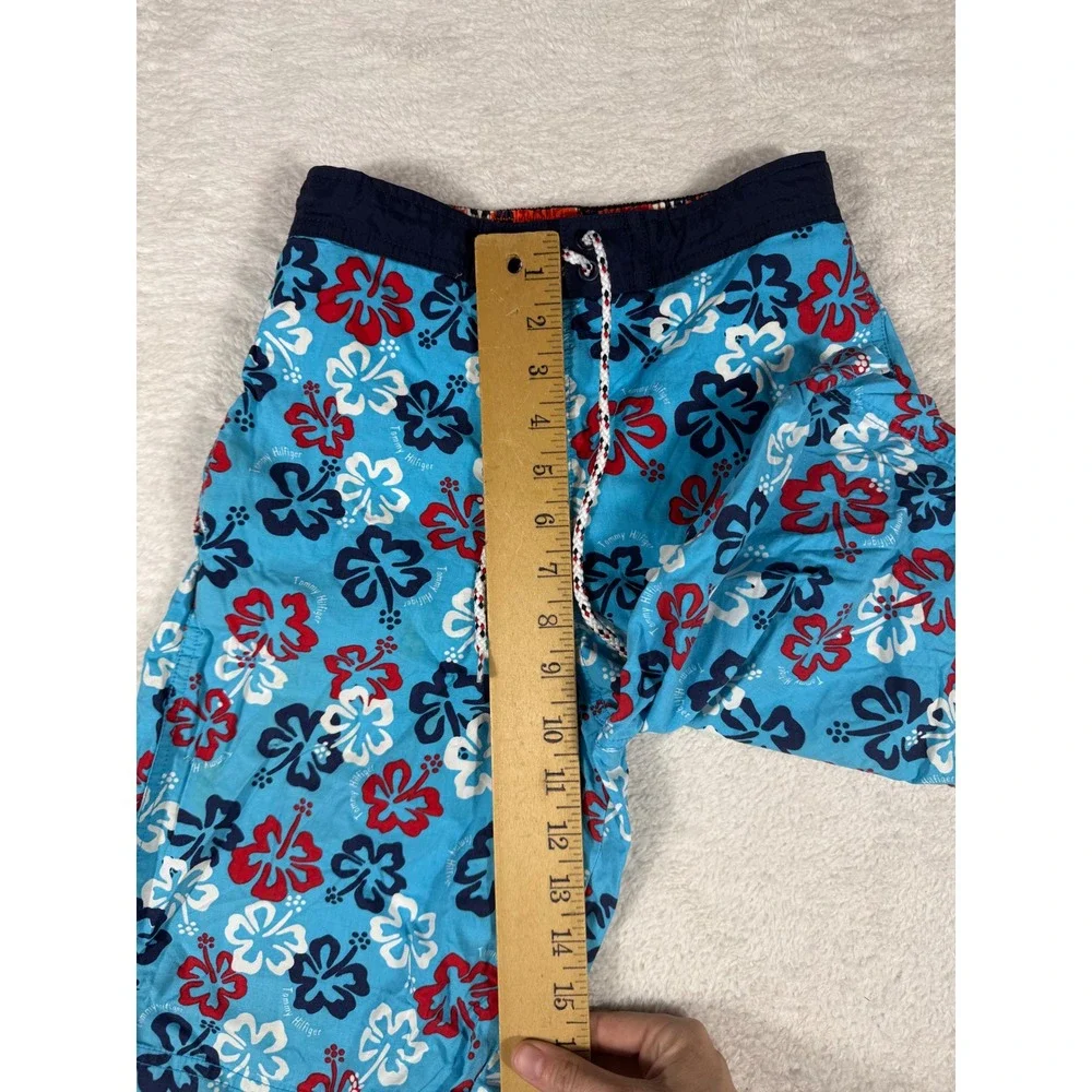 Tommy Hilfiger Swim Trunks Kids M Blue Red Hibiscus Floral Vintage Y2K Beachwear